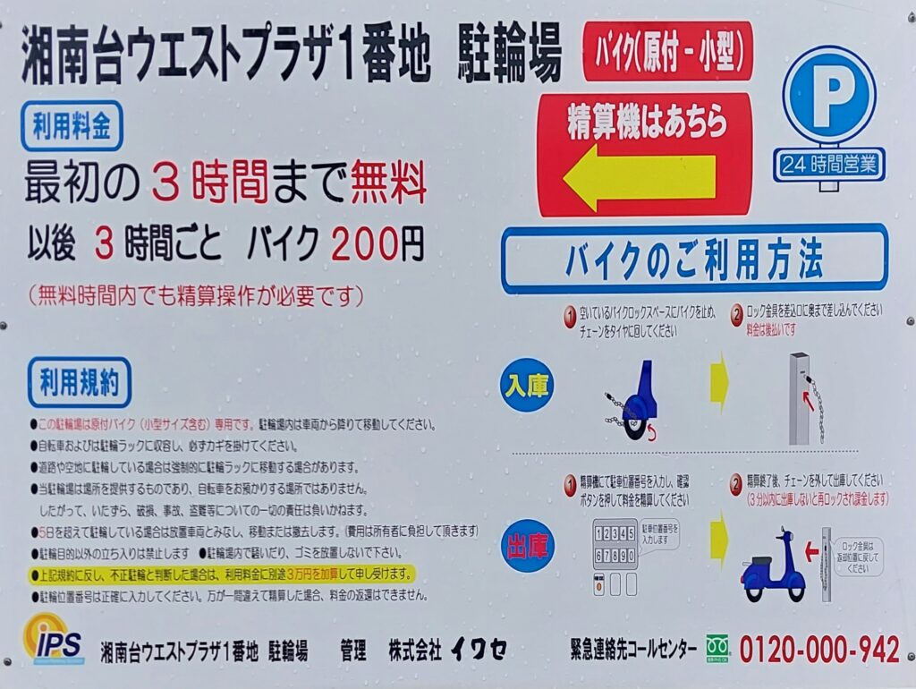 湘南台ウエストプラザ1番地バイクの案内看板の写真