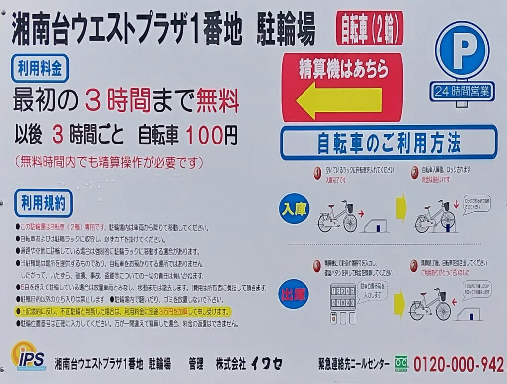湘南台ウエストプラザ1番地自転車の案内看板の写真